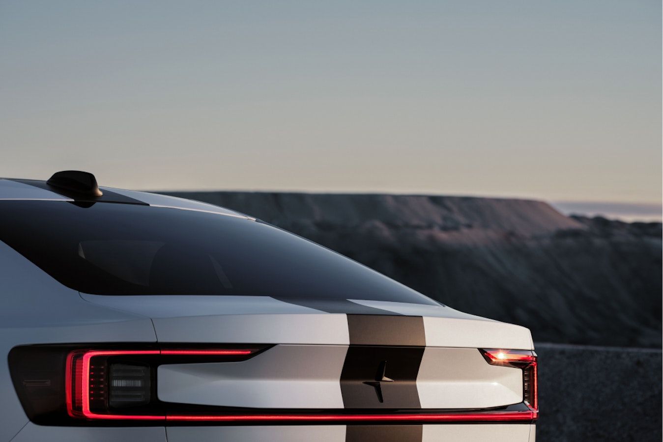 Close up of rear end race stripe adorned Polestar 2 BST edition 270.