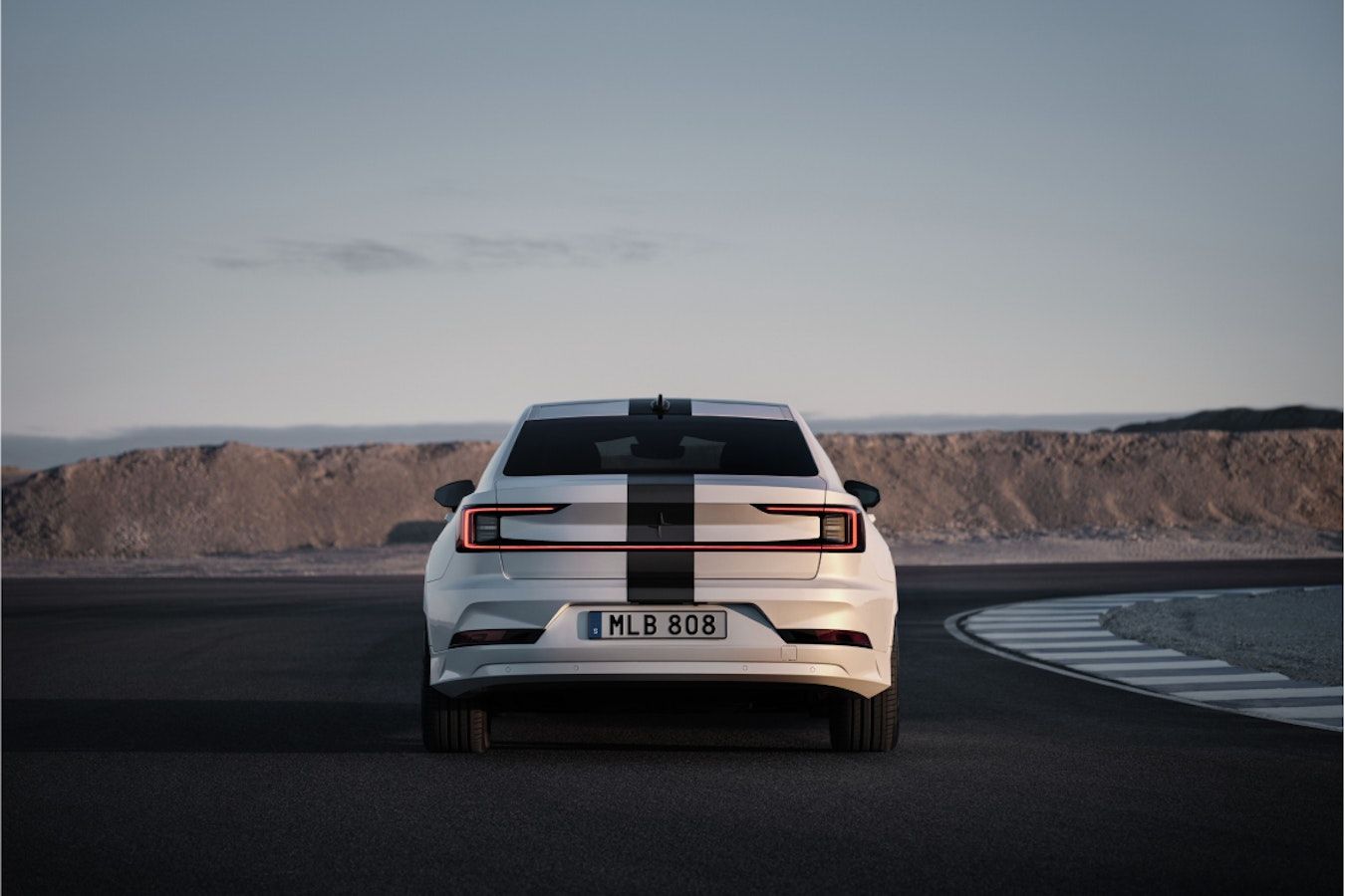 Rear end of race stripe adorned Polestar 2 BST edition 270.