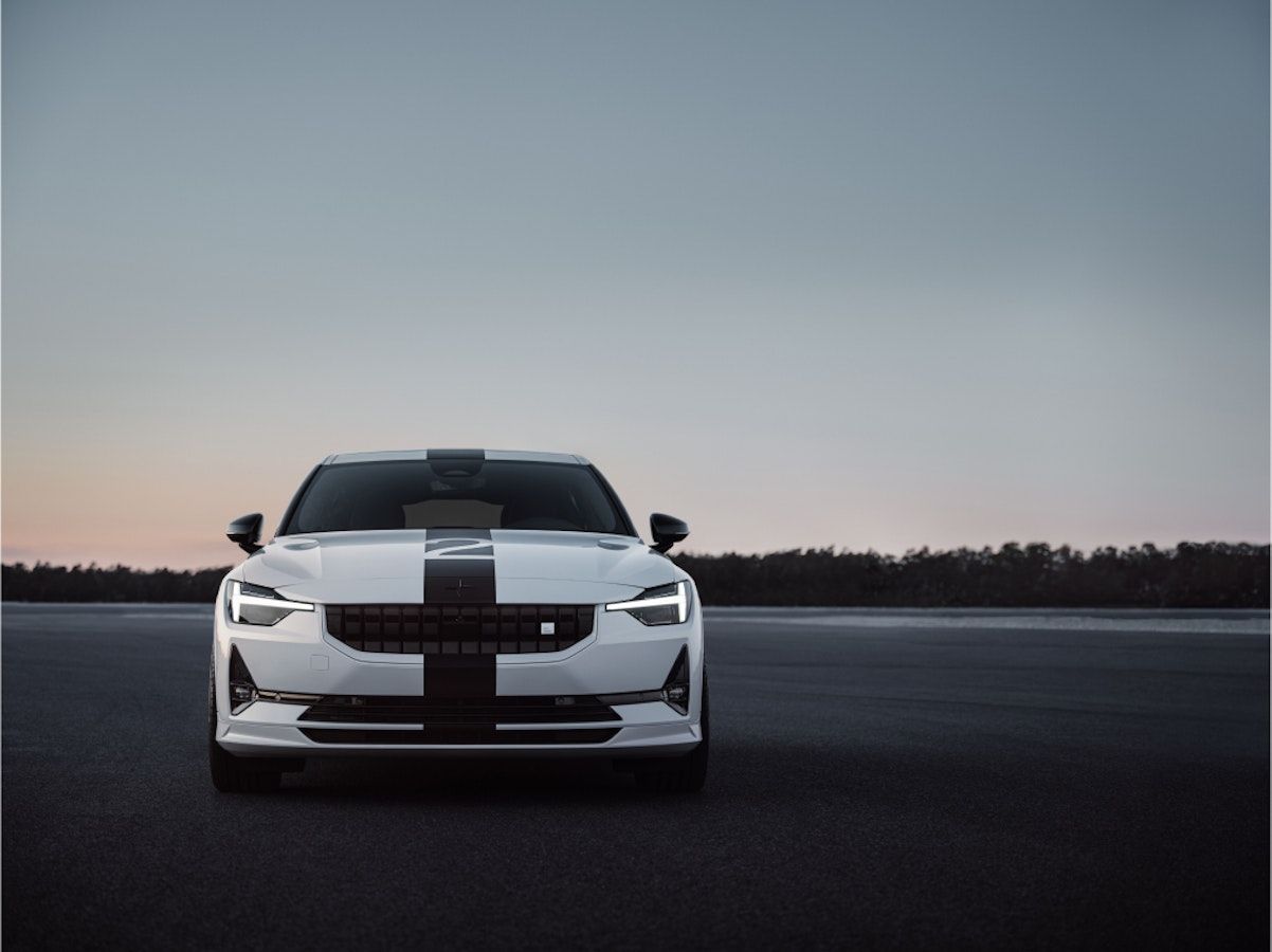 Front view of race stripe adorned Polestar 2 BST edition 270.