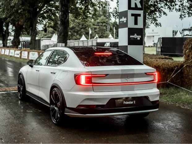 Polestar 2, BST edition, rear, side view on race gate.