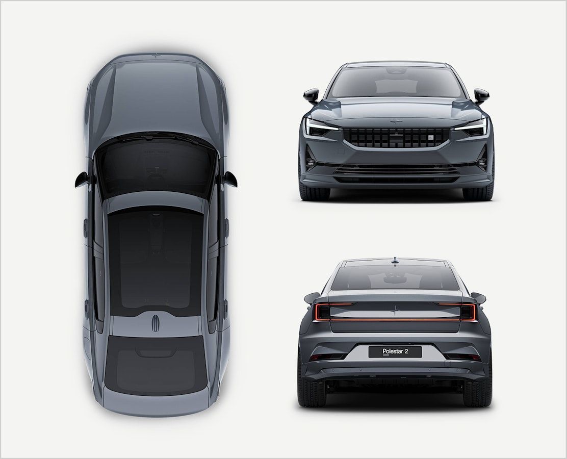 Polestar 2 BST edition 270 in colour Thunder, rear, front and birds eye view