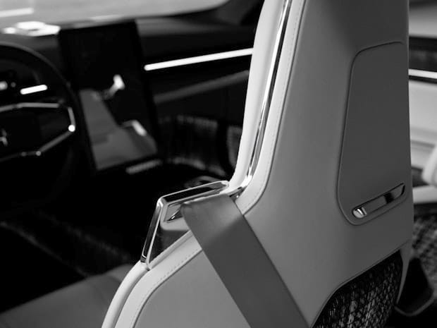 Black and white image of the interior in a Polestar Precept