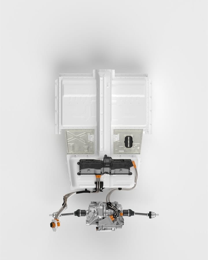 Powertrain shown from above on white background with just one axle