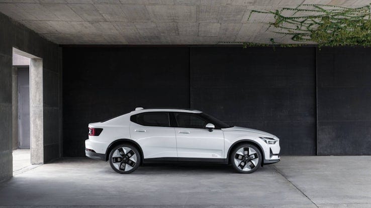 White Polestar 2 with concrete background.