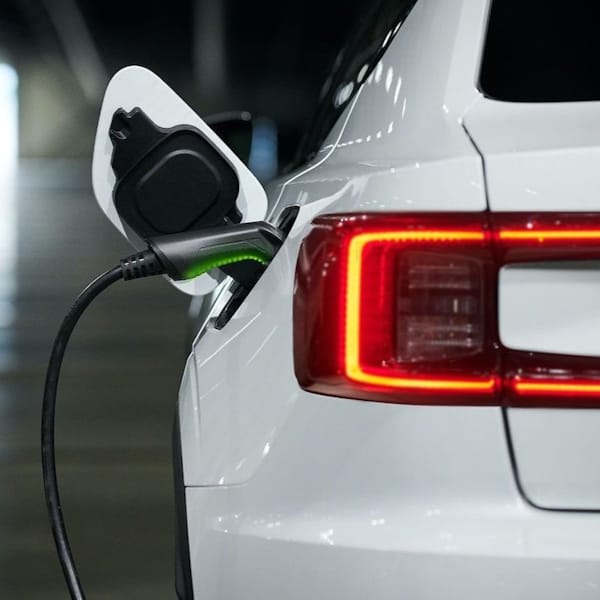 Polestar 2 plugged into a charger.