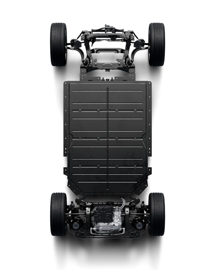 Polestar 4 powertrain with rear-wheel drive on white background