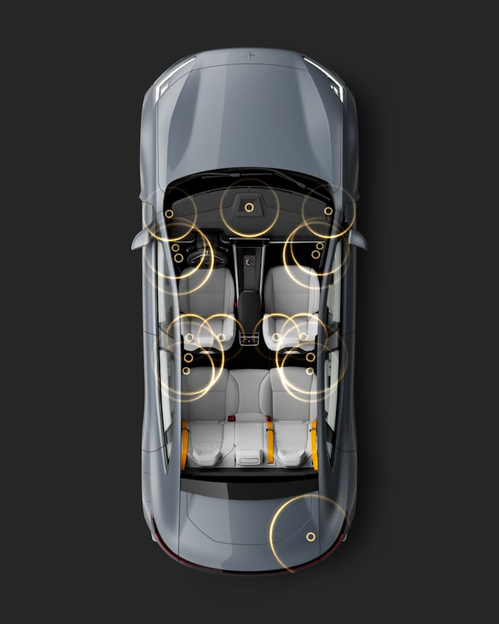 Polestar 4 from above in cross section with audio options displayed