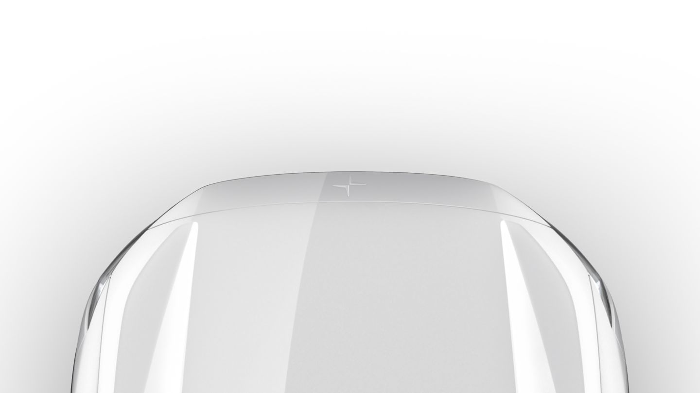 Polestar car hood in white with the Polestar logo at the front