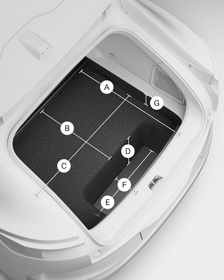 Letters and lines indicates different dimensions of the trunk. Seen from above