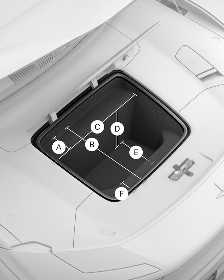 Letters and lines indicates different dimensions of the front storage