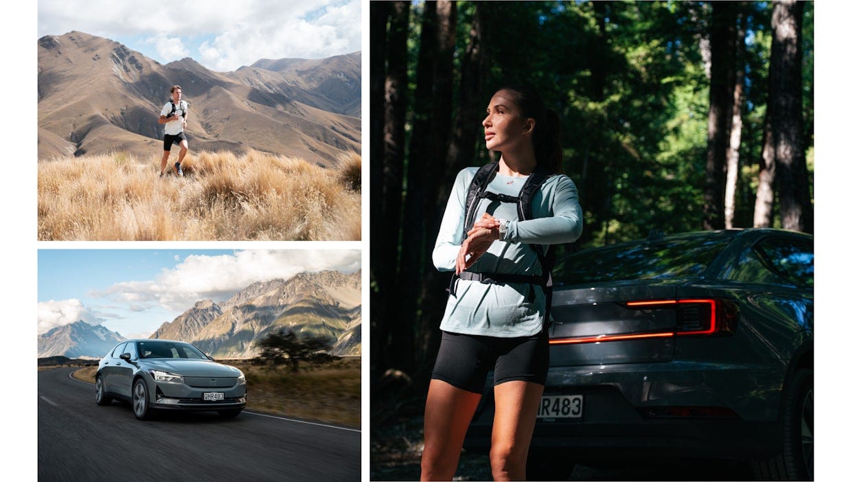 Collage of Cam and Lana graves running and Polestar 2 on the open road.