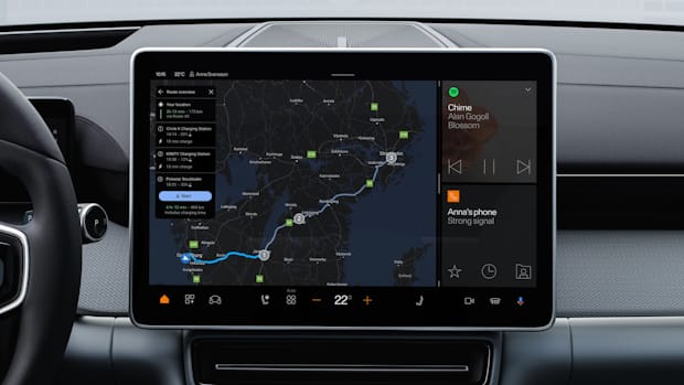 Center console screen showing a trip on the map.